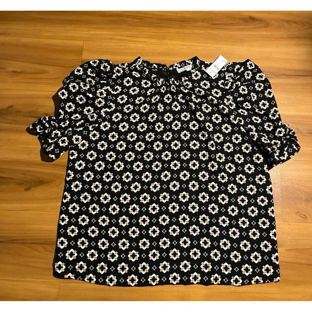 NWT LOFT Geo Print Ruffled Mock Neck Leg Of Mutton Puff Ruched Sleeve Lined Top